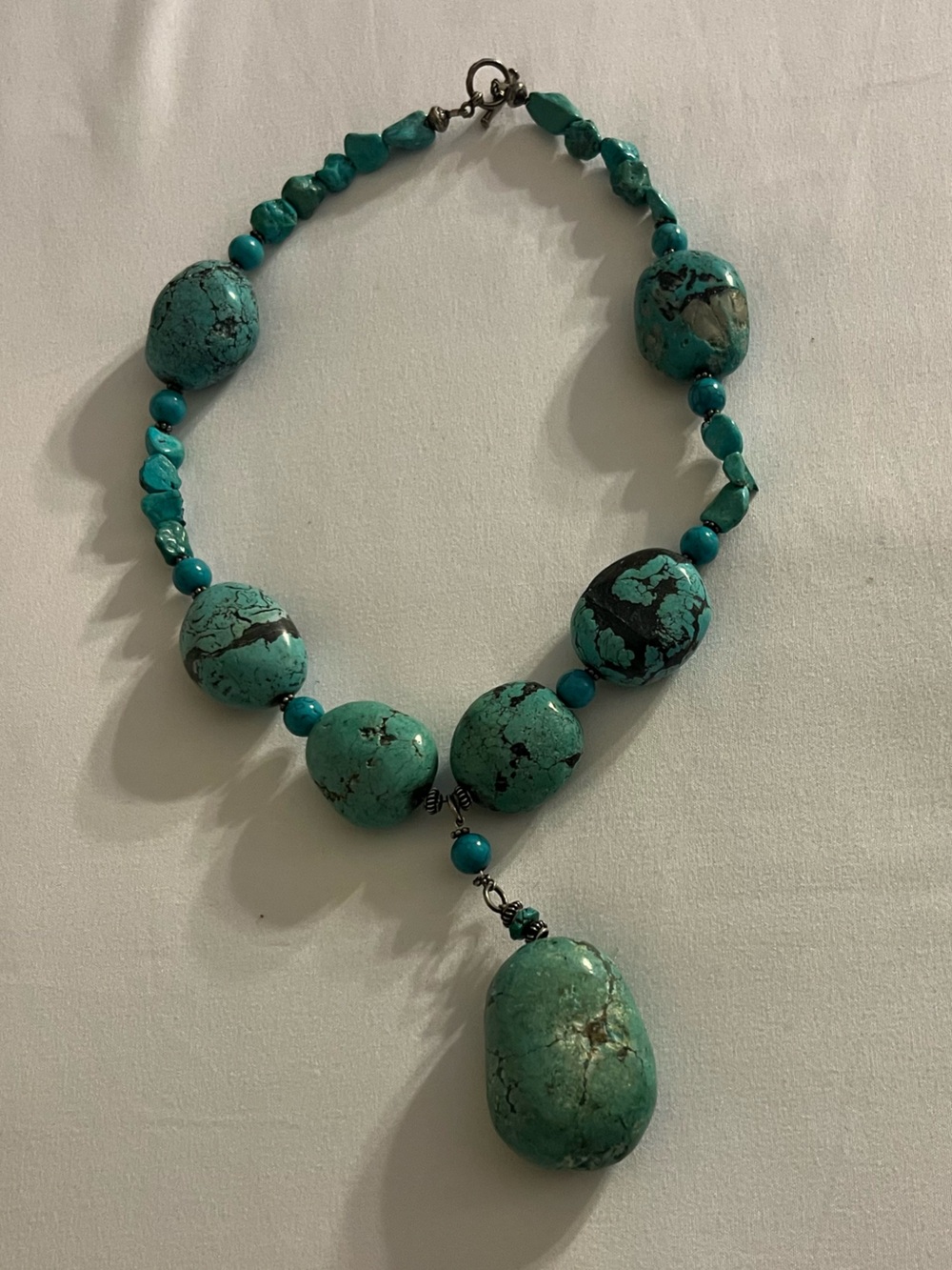 Vintage Turquoise Beaded Necklace with Chunky Focal Stone- dark matrix veining